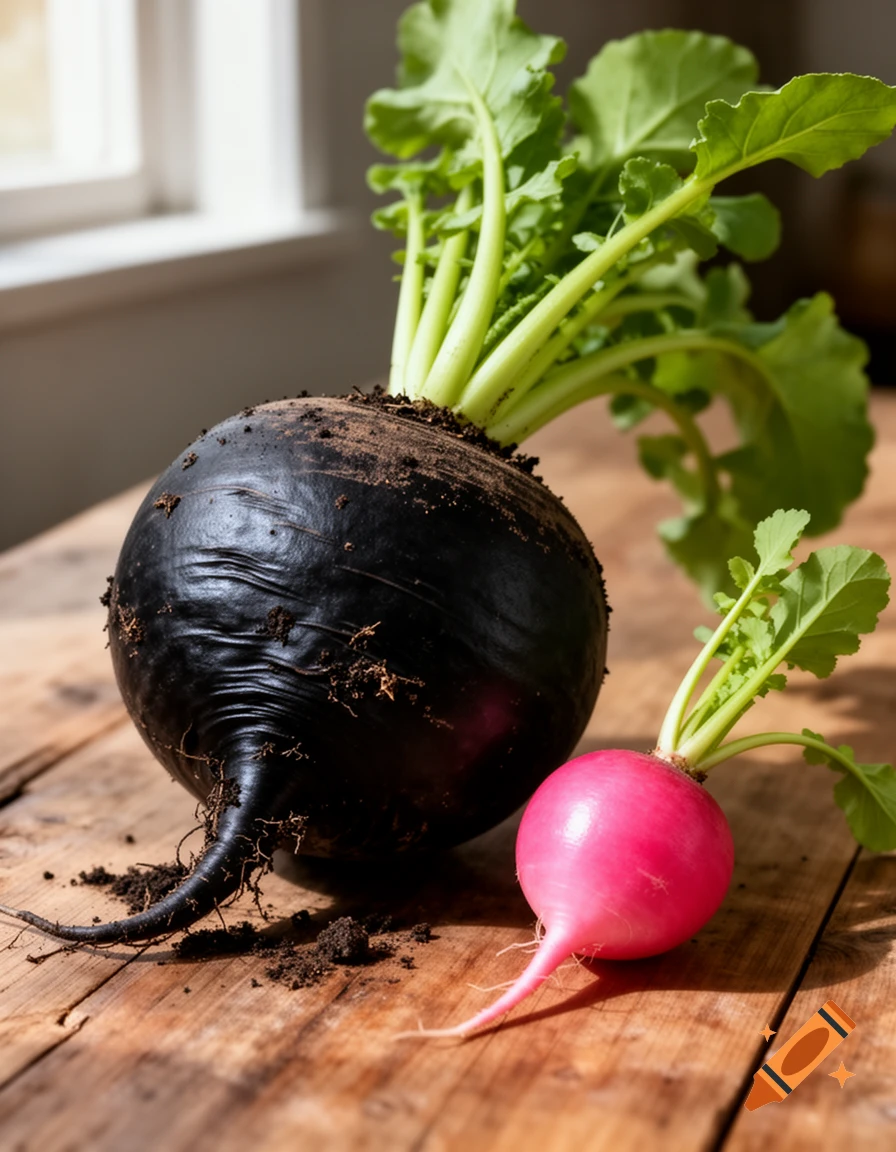 A large black radish and a small pink radish with green leaves rest on a rustic wooden table by a window.