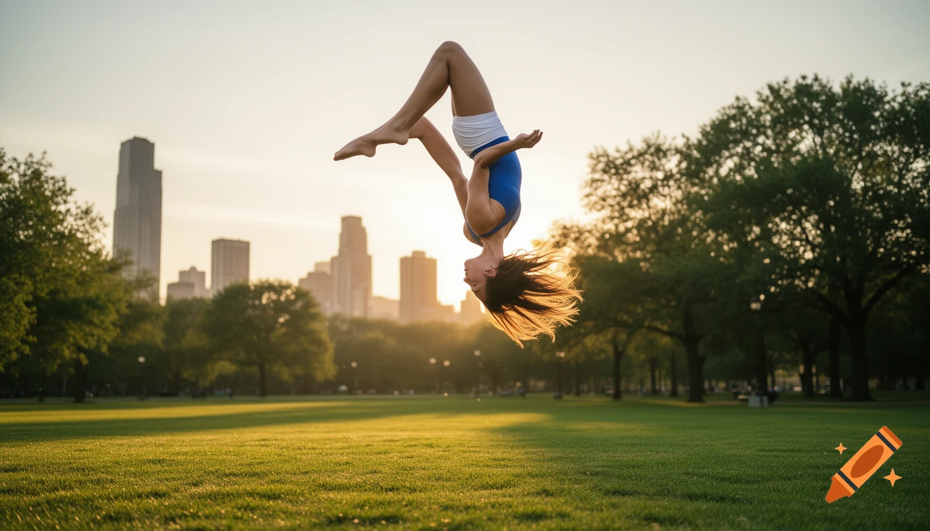 A female gymnast performs a backflip in a park with a city skyline in the background at sunset, photorealistic.