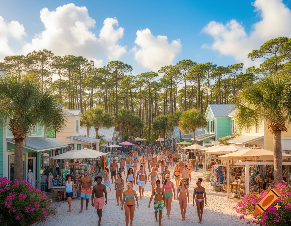 People in swimsuits walk a crowded, sandy street through a colorful Florida beach town with shops and tall pine trees.