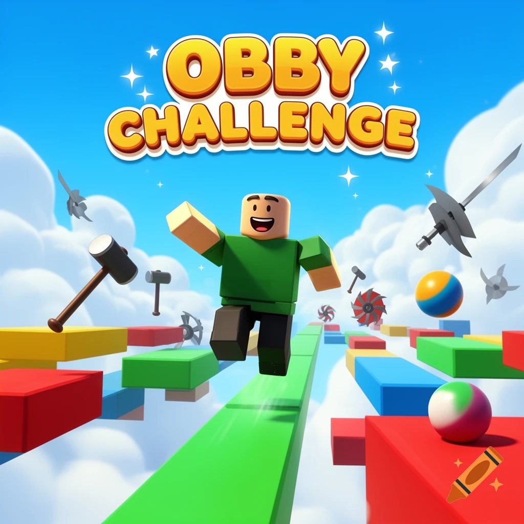 A Roblox character runs on a colorful obstacle course in the sky with traps, featuring 'OBBY CHALLENGE' text.