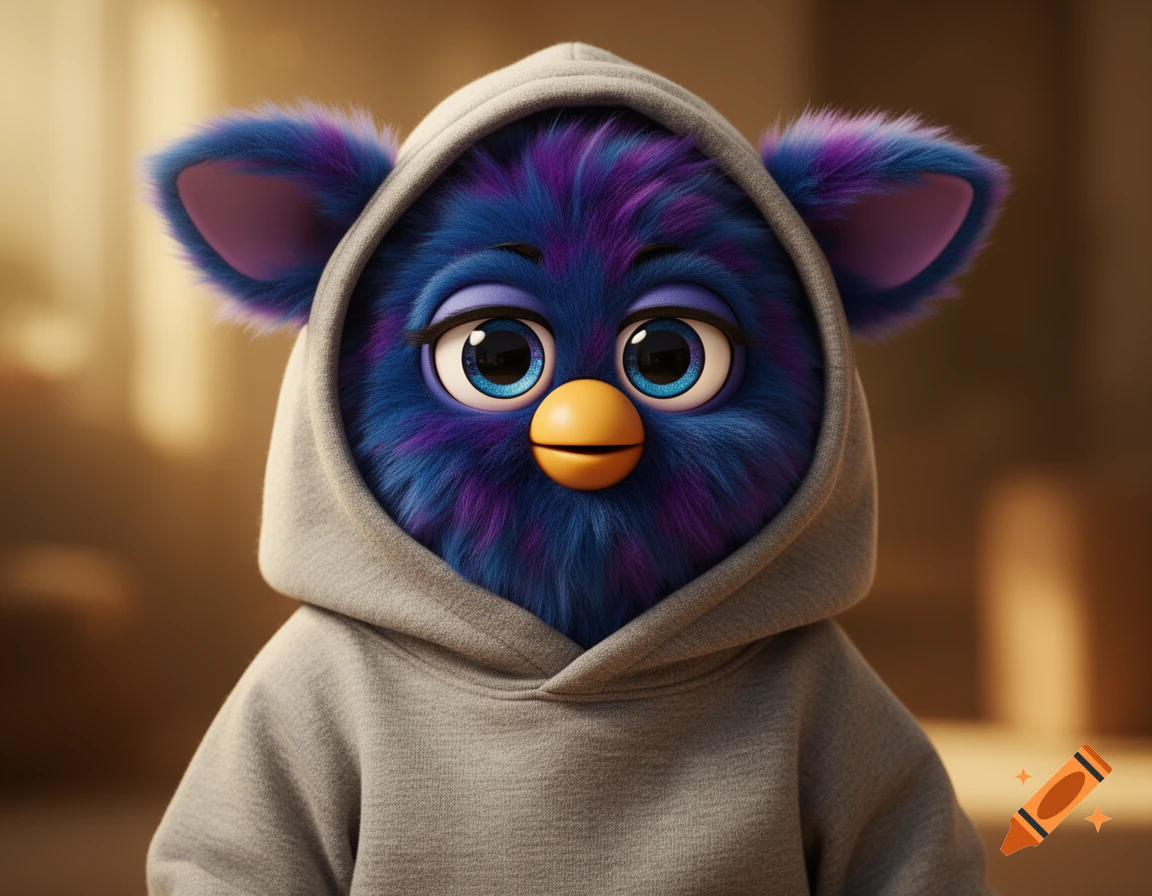 A close-up of a blue and purple fluffy Furby-like creature with large blue eyes, wearing a gray hoodie, in a photorealistic style.