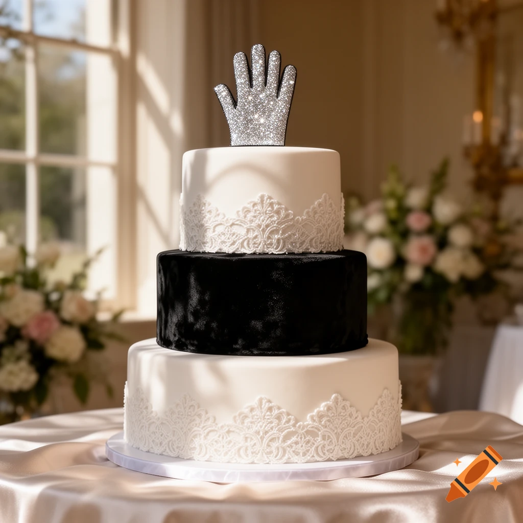 A photorealistic three-tiered wedding cake with white top and bottom layers, a black middle layer, and a sparkly glove cake topper.