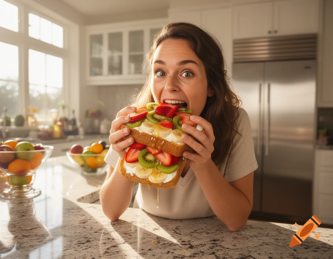A woman with wide eyes takes a huge bite from a large fruit sandwich filled with strawberries, kiwi, and bananas in a bright kitchen.