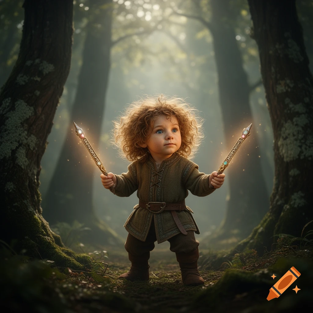 A young child with curly hair and blue eyes, dressed as a halfling, stands in a magical forest holding two glowing wands.