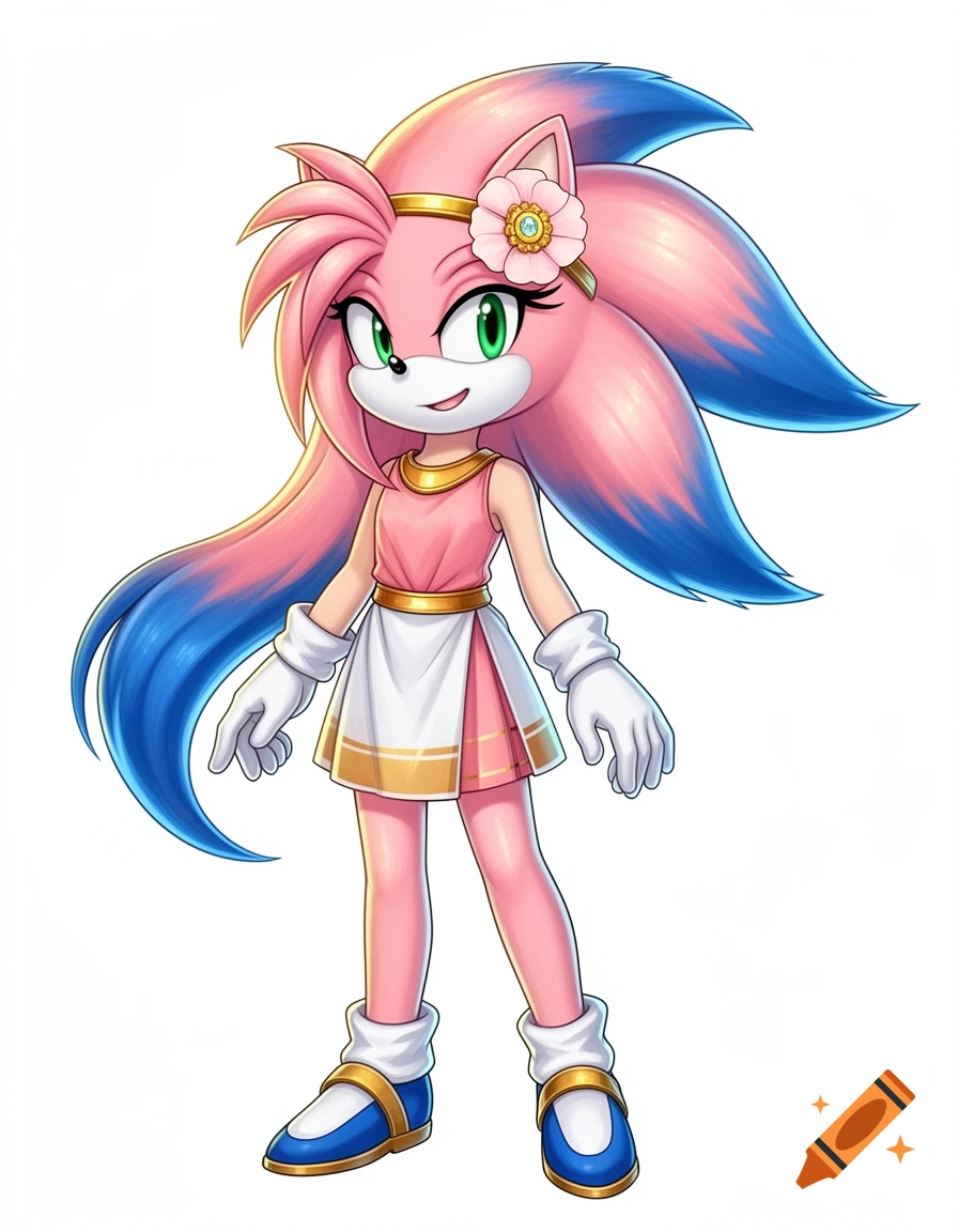 A cartoon pink and blue hedgehog girl with green eyes, wearing a pink dress, golden headband with a flower, white gloves, and blue and gold shoes.