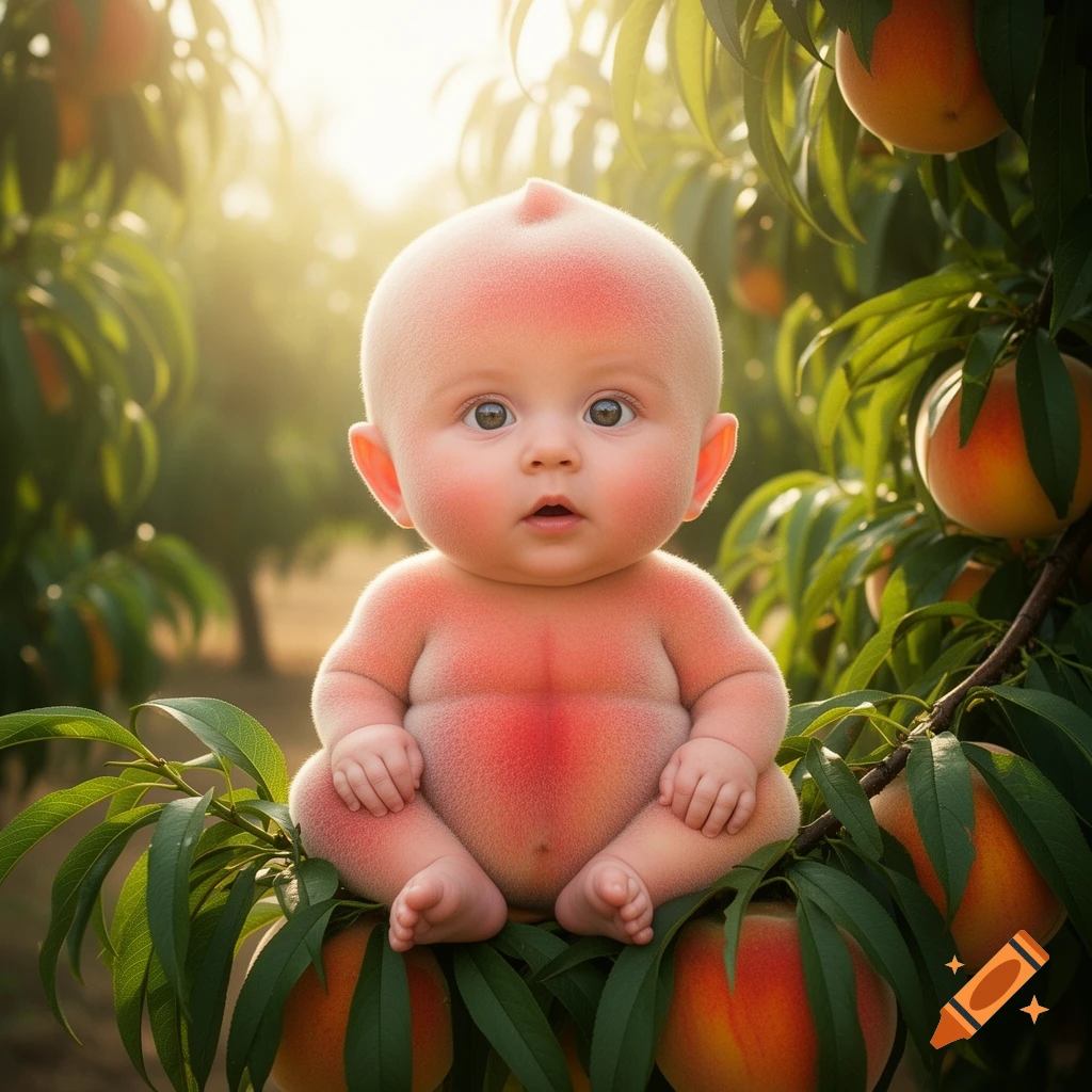 A photorealistic, surreal image of a peach-like baby sitting in a sunlit peach tree with ripe peaches.