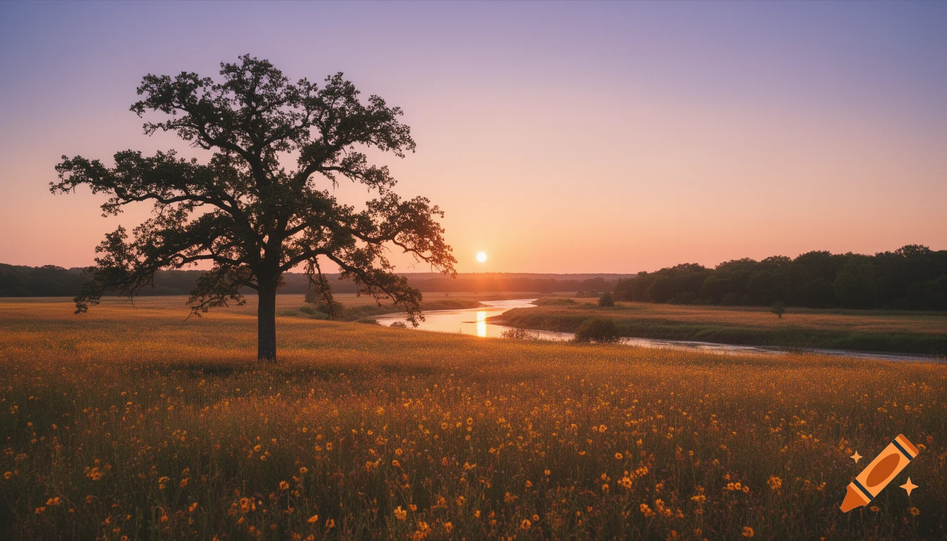 A lone tree stands in a field of wildflowers with a river reflecting the golden sunset under a gradient sky.