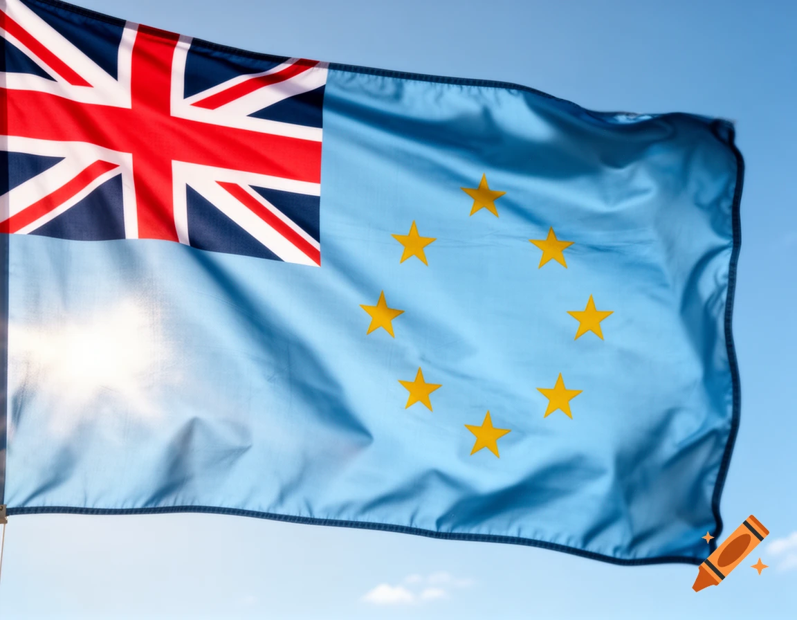 A Tuvalu flag, featuring the Union Jack in the canton and nine yellow stars on a light blue field, waves against a clear blue sky.