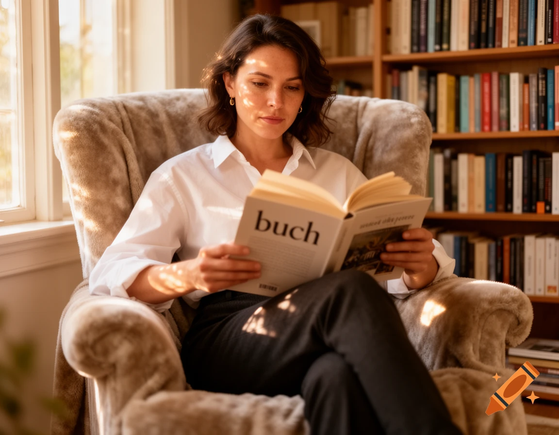 A woman with short dark hair sits in an armchair, reading a book, with a bookshelf in the background and sunlight streaming in.