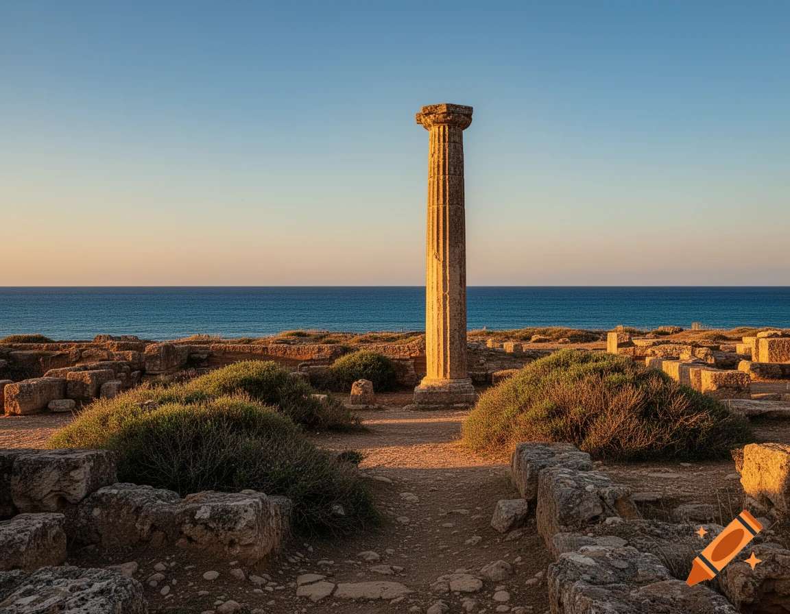 An ancient stone column stands among ruins and bushes overlooking a blue sea under a clear, warm-toned sky.