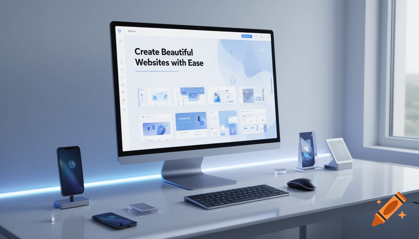 A modern desktop computer displays a website builder interface on a white desk with smartphones, a keyboard, and blue ambient light.