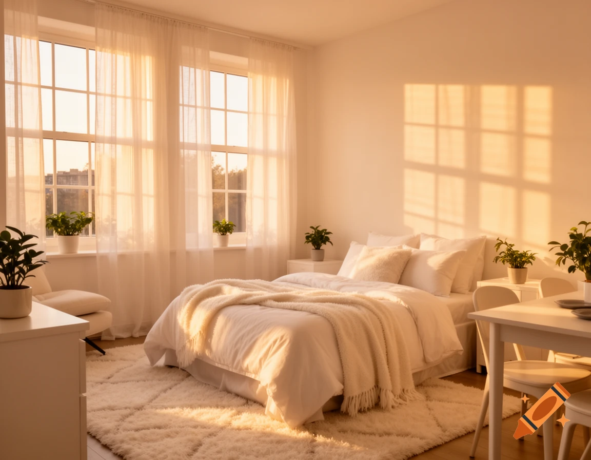 A sunlit bedroom with a white bed, fluffy rug, sheer curtains, and potted plants, creating a warm and cozy atmosphere.