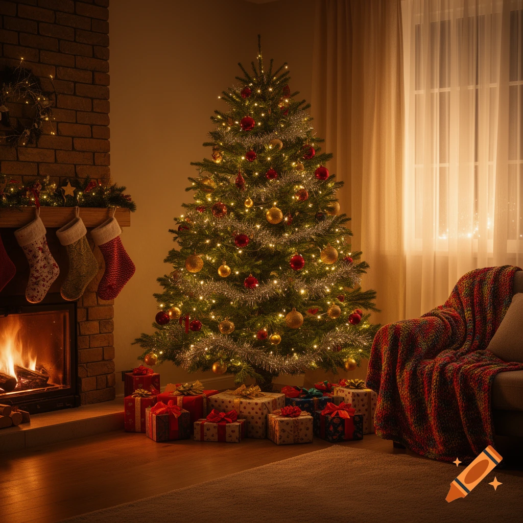 A cozy living room scene with a brightly lit Christmas tree, a fireplace with stockings, and many wrapped presents.