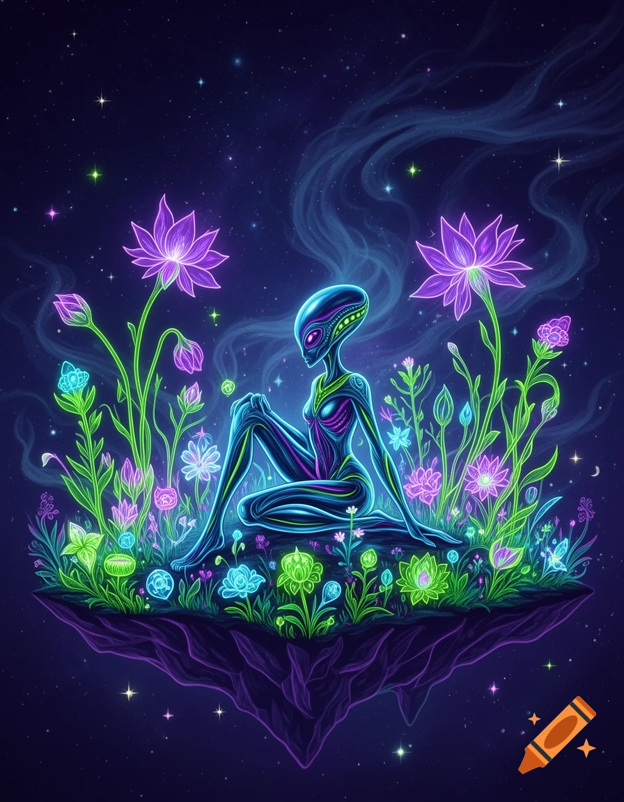 A blue and green neon line art alien sits in a vibrant astral garden with glowing purple and green plants on a floating island, against a starry night sky.