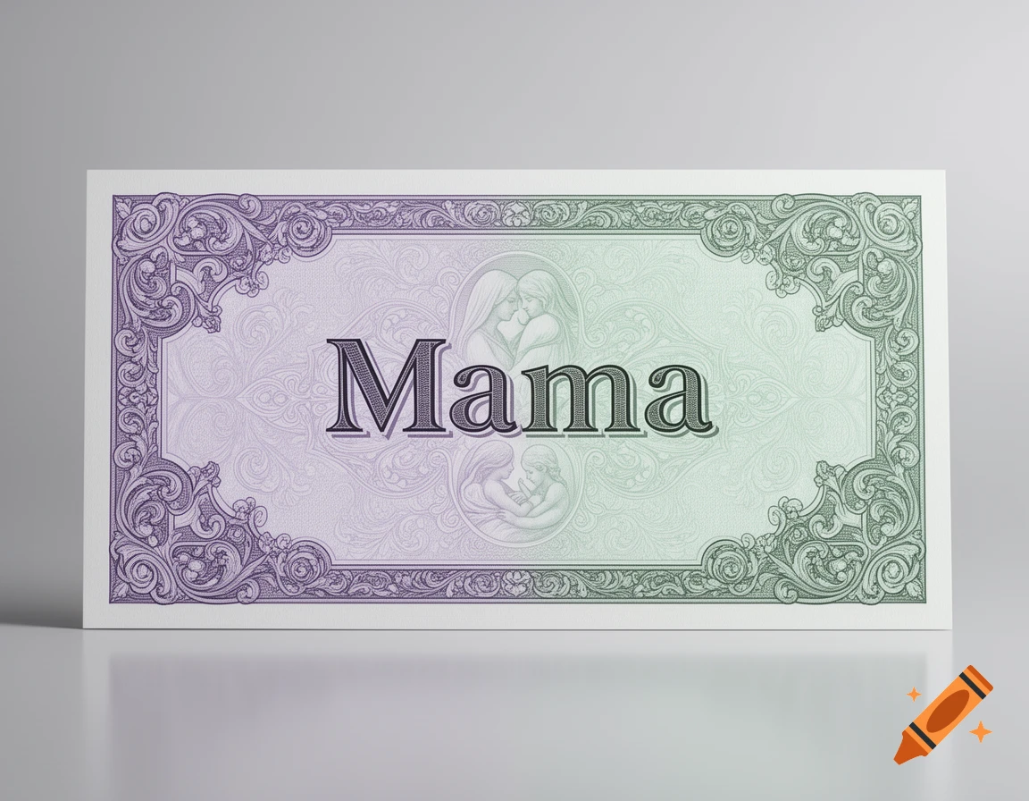 A decorative banknote-like design with the word 'Mama' in the center, flanked by ornate scrollwork and faint images of a mother and child.