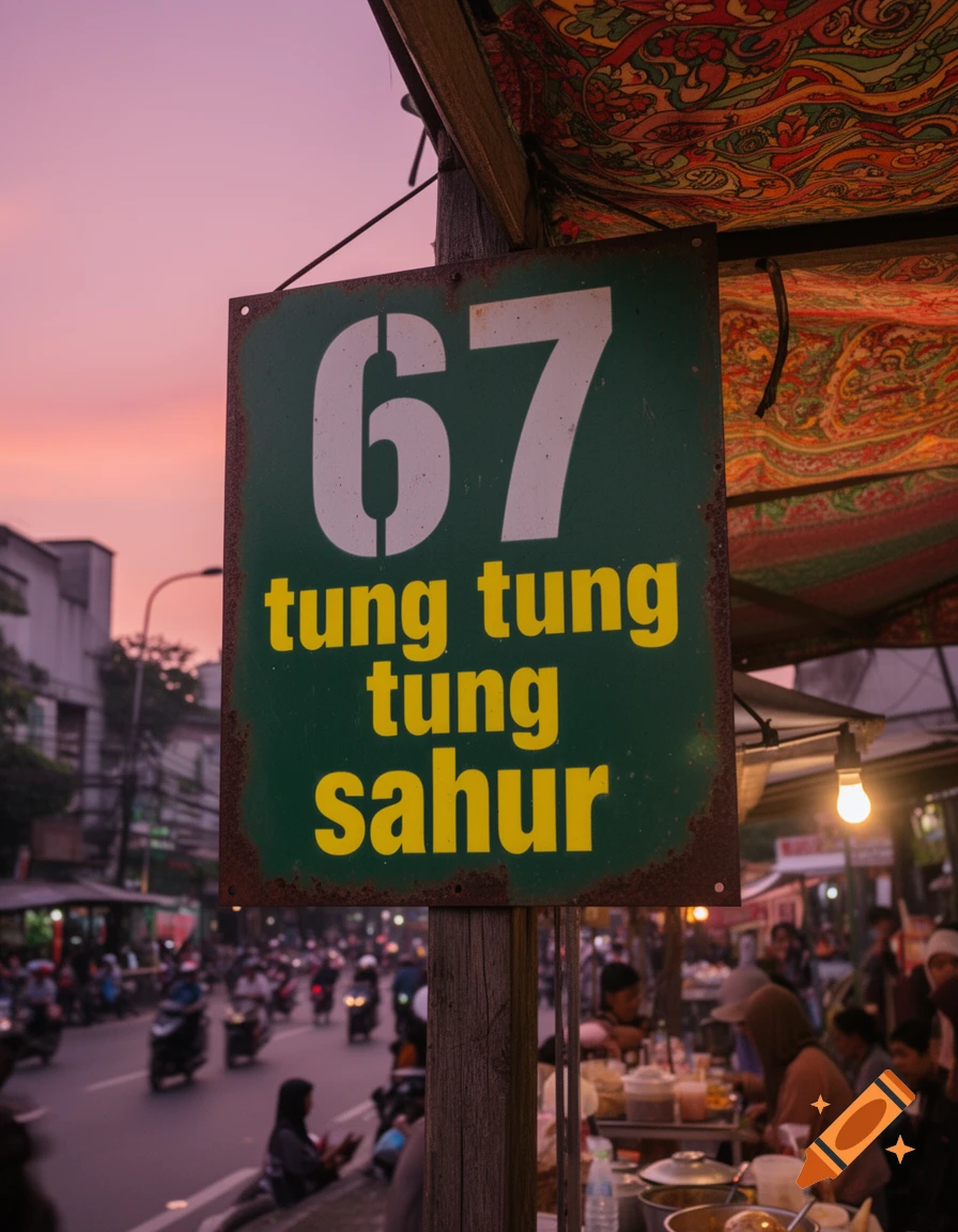 A green street sign with white numbers '67' and yellow text 'tung tung tung sahur' stands above a busy street market at sunset.