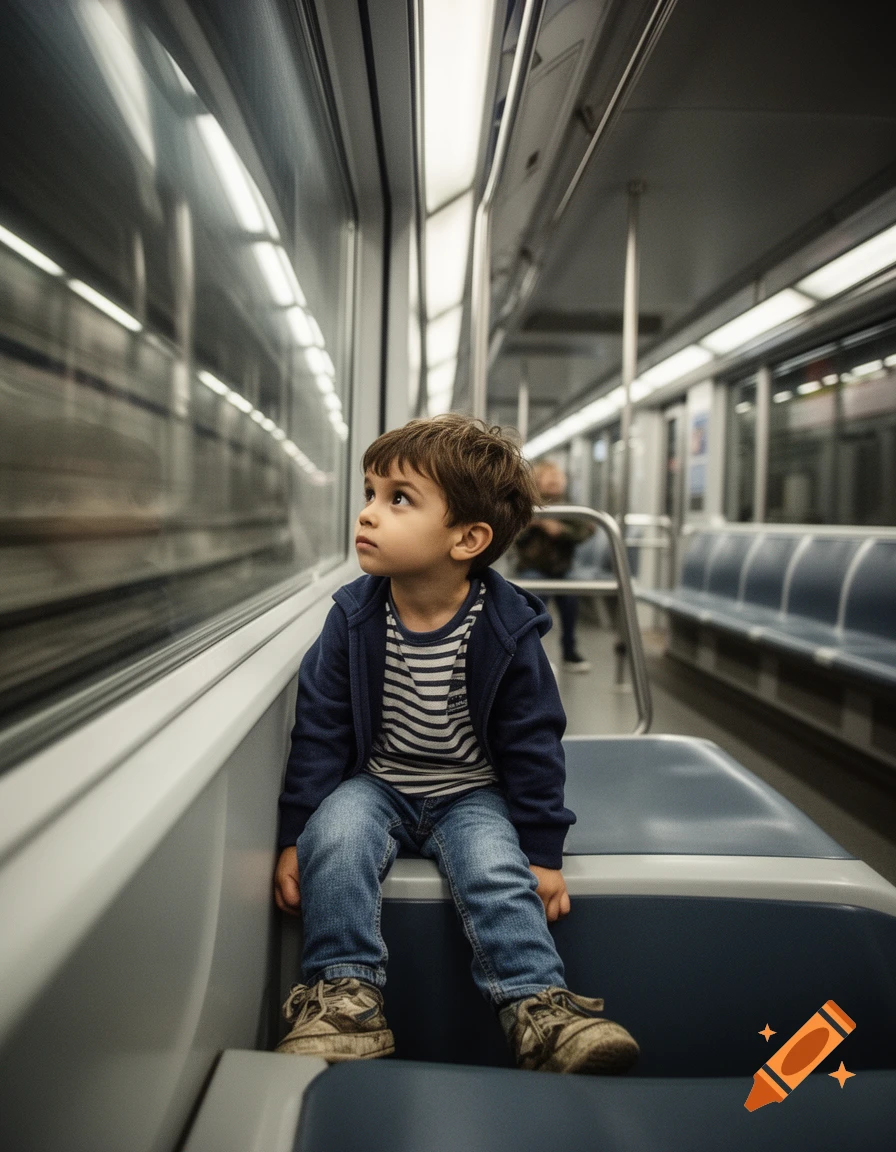 A young boy sits on a subway train, looking out the window, in a photorealistic style.