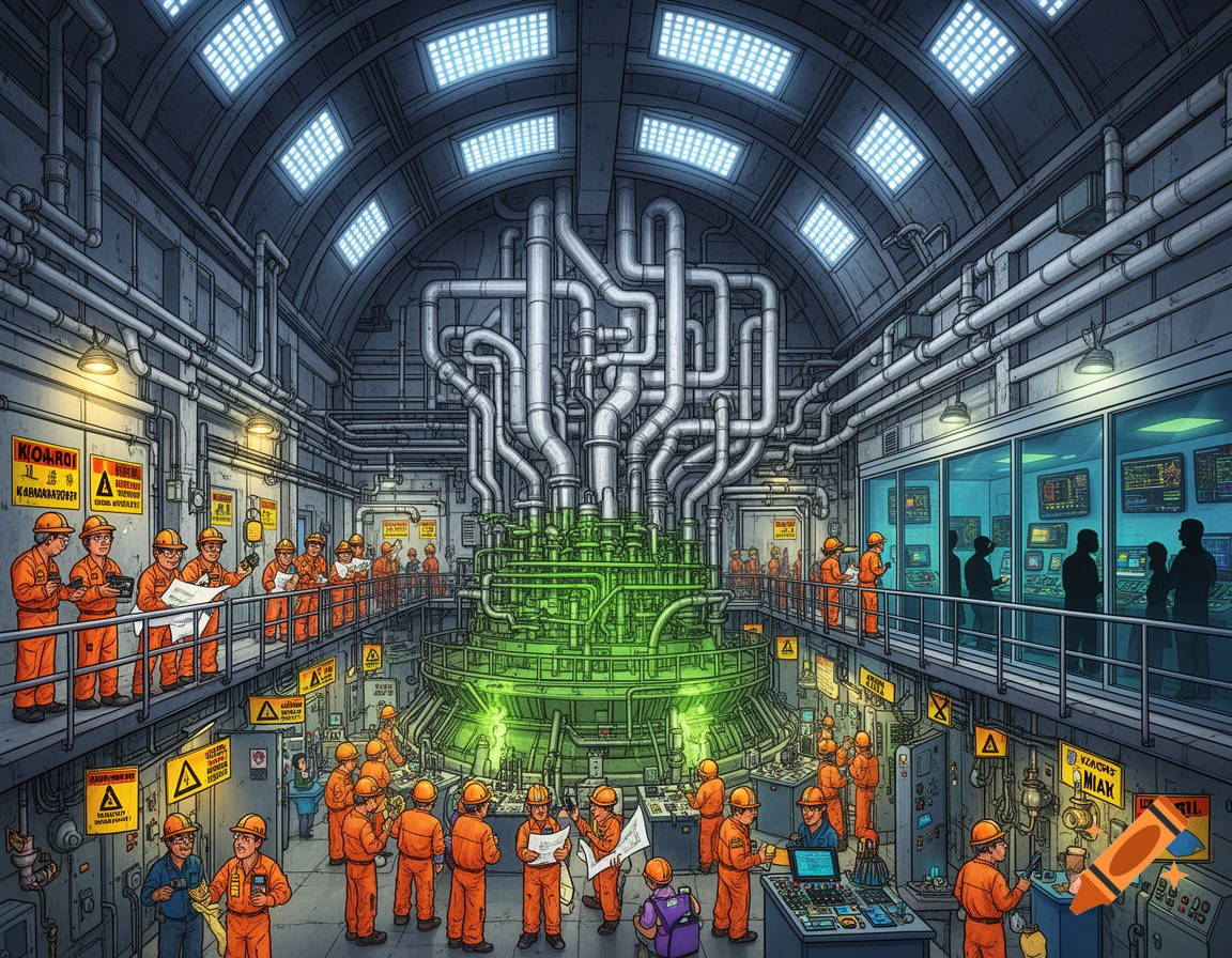 A detailed cartoon Wimmelbild illustration of the inside of a bustling nuclear power plant, with many workers in orange jumpsuits operating machinery and monitoring controls.