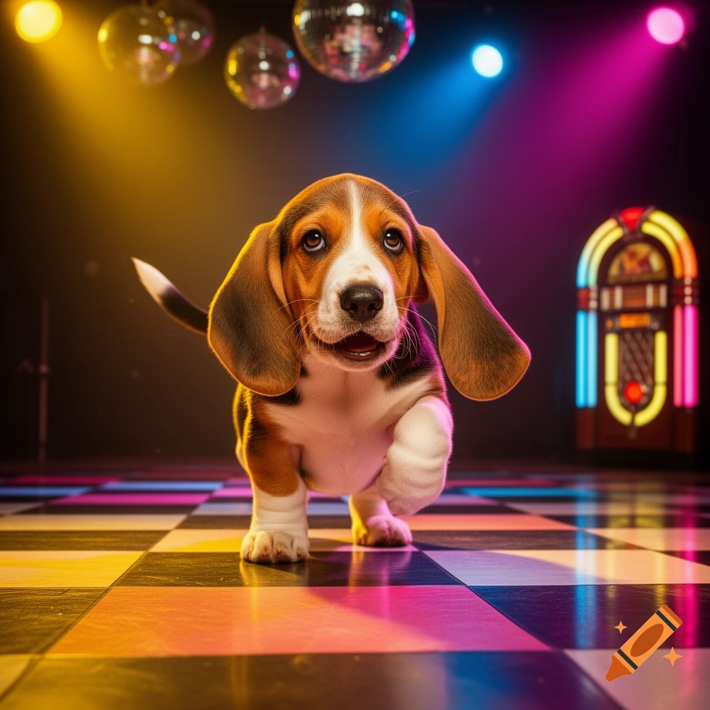 A basset hound puppy on a checkered disco floor under colorful lights and disco balls, with a jukebox in the background.