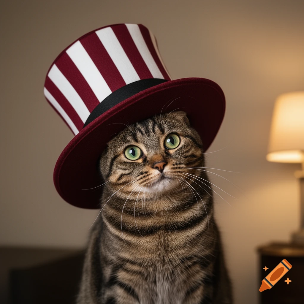A close-up, photorealistic image of a tabby cat with green eyes wearing a red and white striped top hat.