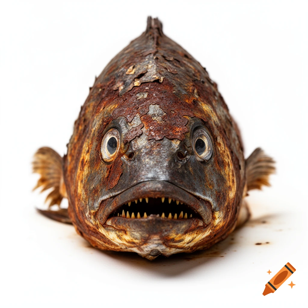 Close-up, front view of a photorealistic, scary, rusty dead fish head with bulging eyes and sharp teeth against a white background.