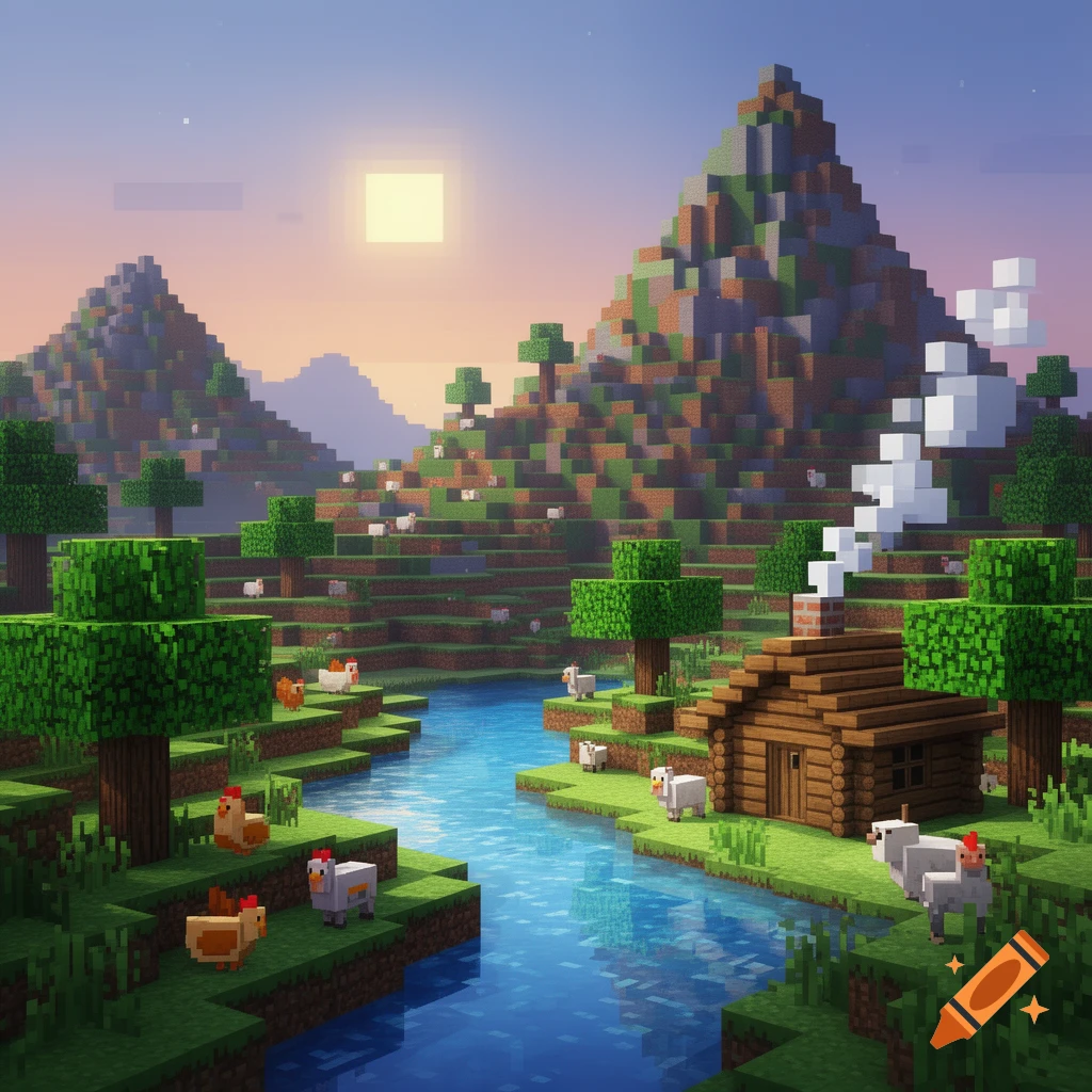 A vibrant blocky Minecraft landscape featuring a river, mountains, a log cabin, sheep, and chickens under a bright sun.