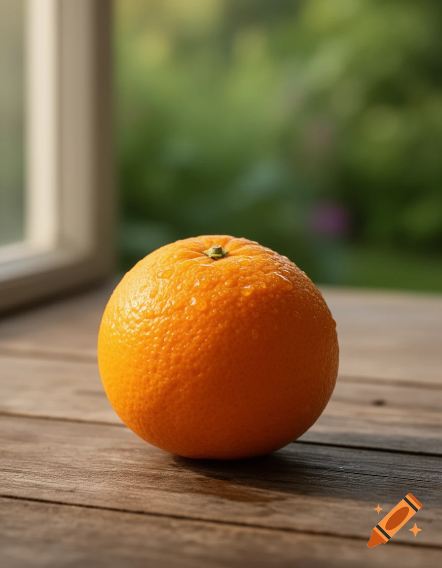 A fresh orange with water droplets sits on a wooden table, with a blurred green garden in the background.
