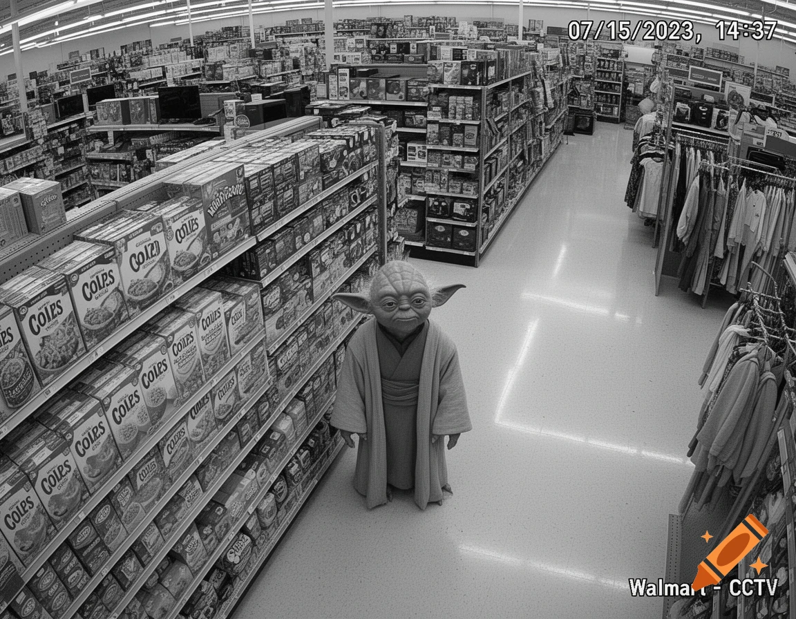 Monochrome CCTV footage from Walmart shows Yoda standing in an aisle between shelves of products and clothing racks.