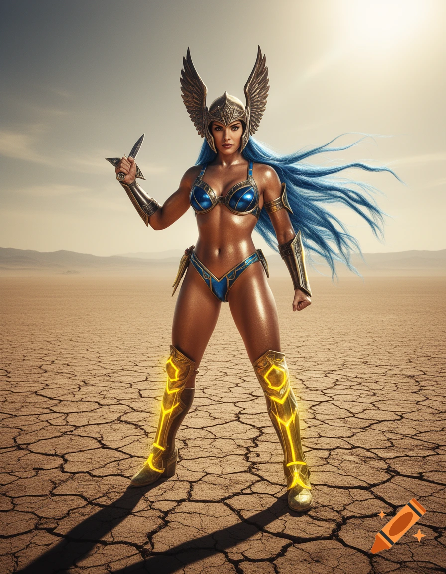 A powerful female warrior with long blue hair and a winged helmet stands on cracked desert ground, wearing blue and gold metallic armor and glowing boots, holding a dagger.