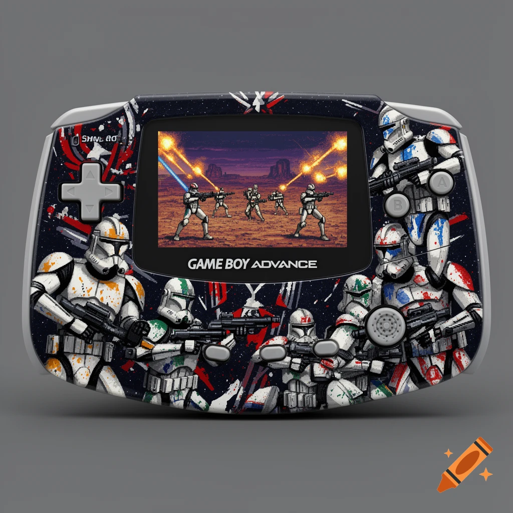 A customized Game Boy Advance console featuring Star Wars Clone Troopers on its shell, displaying a pixelated battle scene on its screen.