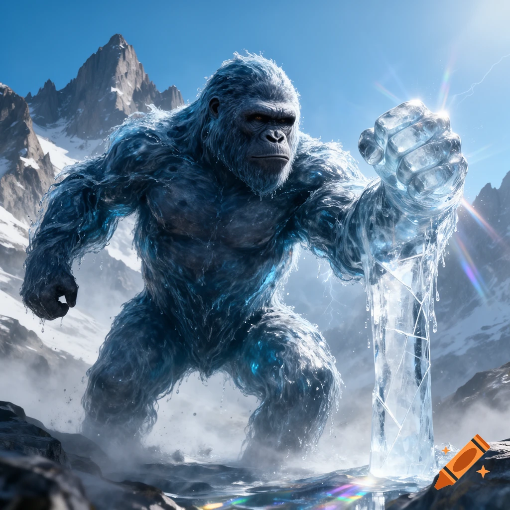 Photorealistic ice ape with blue fur and glowing eyes punching an ice column in snowy mountains.