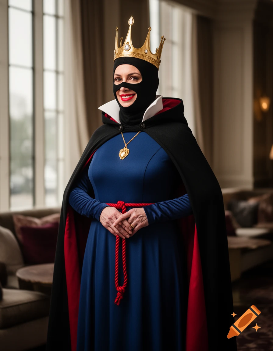 A woman in a black balaclava, golden crown, blue gown, and black cape with red lining smiles in a lounge.