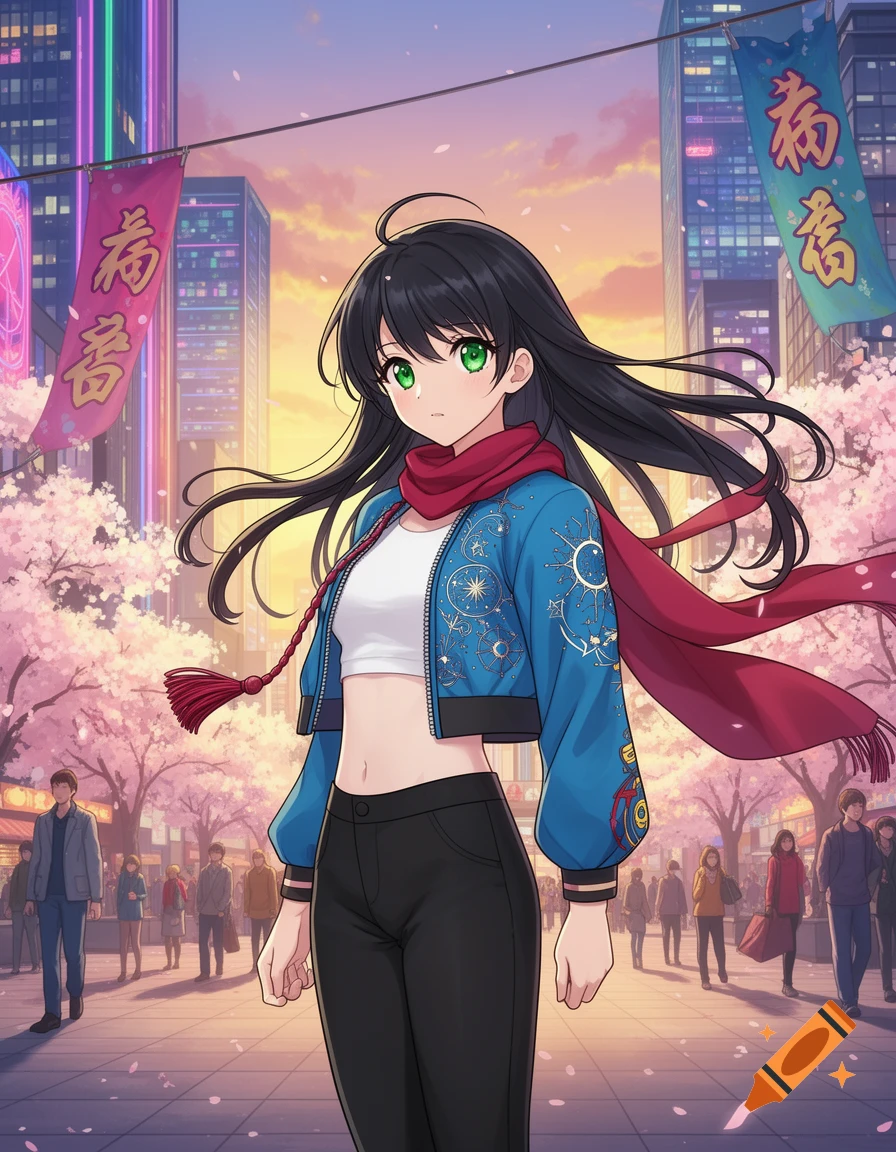 An anime girl with black hair and green eyes, wearing a blue jacket and red scarf, stands in a cherry blossom-lined city street with banners.