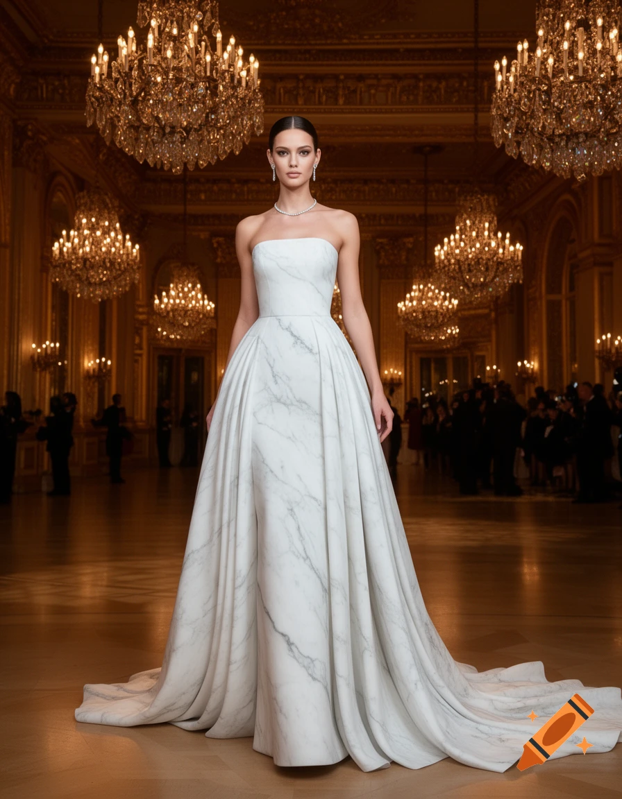 A woman in a white marble-patterned strapless gown with a long train stands in a grand ballroom under chandeliers.