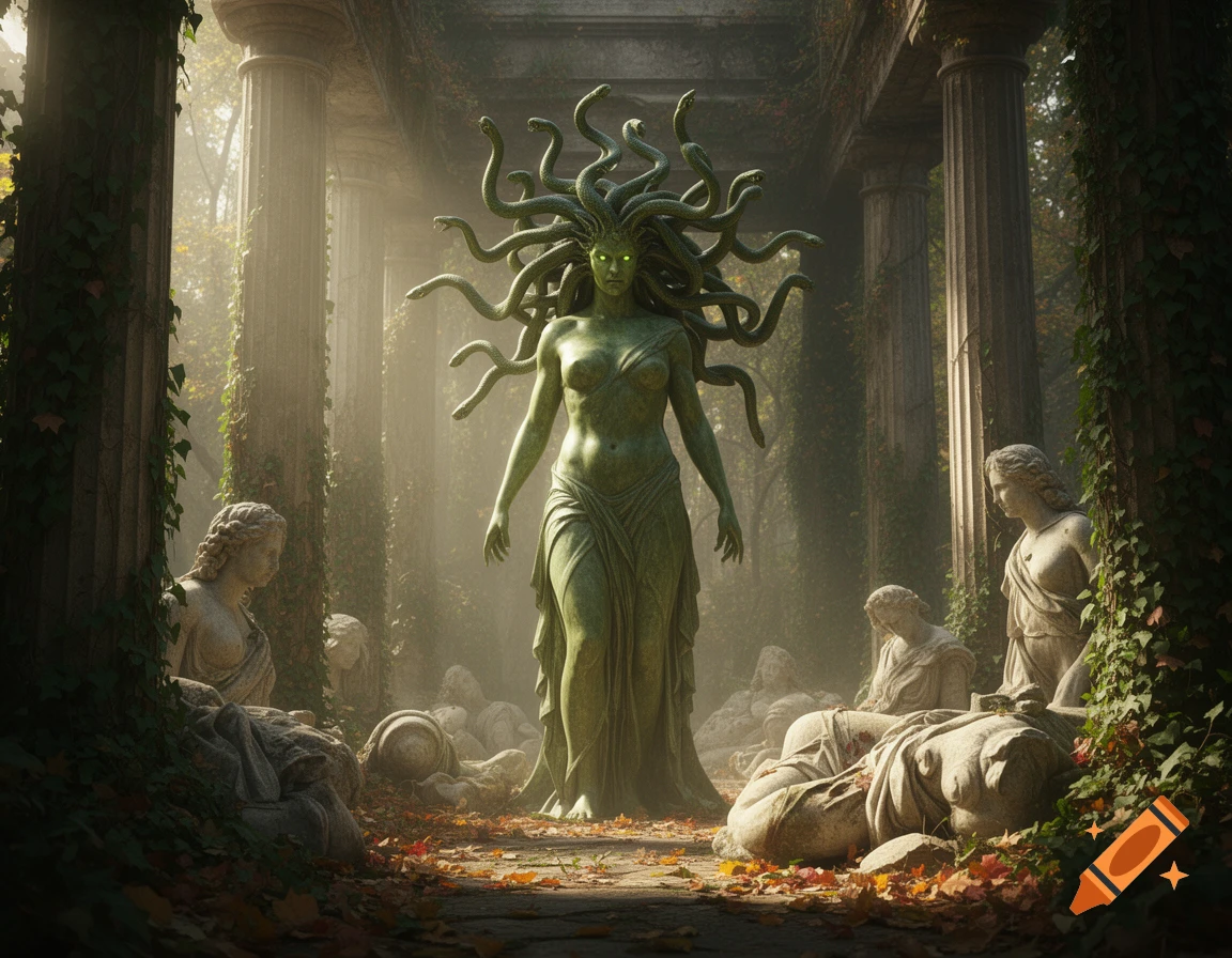 Green-skinned Medusa with snake hair and glowing eyes stands amidst ancient overgrown ruins and petrified statues of people.