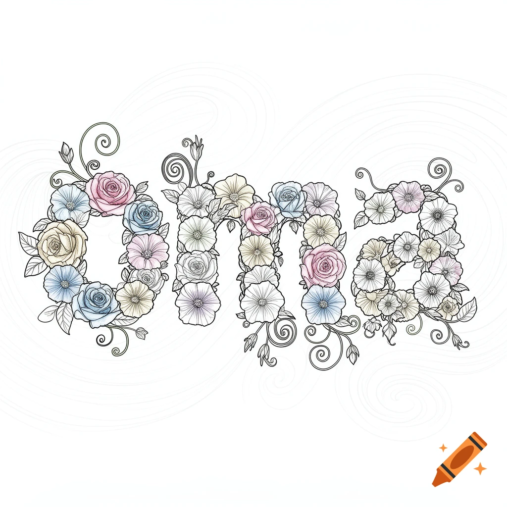 A line art floral illustration spelling the word 'oma' with pastel-colored flowers and swirling vines on a white background.