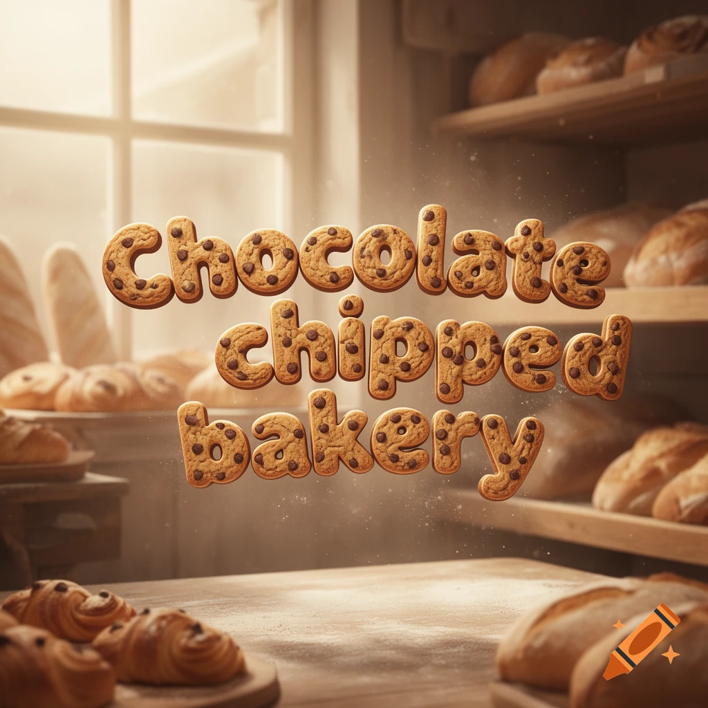 Cookie letters spelling 'chocolate chipped bakery' float in a warm, sunlit bakery with fresh bread and croissants.