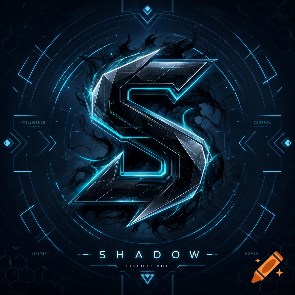 A glowing blue and dark metallic letter 'S' logo with smoky tendrils on a dark futuristic background, text reads 'SHADOW DISCORD BOT'.