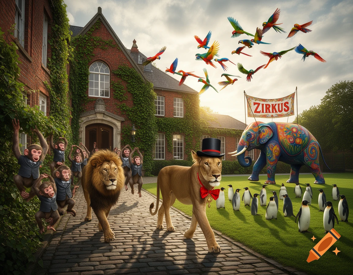 A whimsical, photorealistic scene shows animals parading towards a brick house under a 'ZIRKUS' banner. Lions, monkeys in suits, an elephant, penguins, and parrots fill the frame.