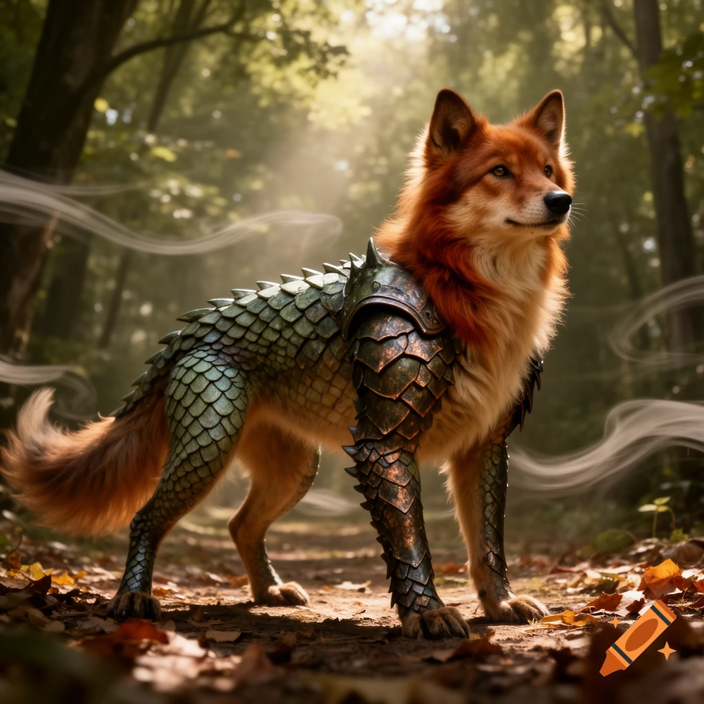 A photorealistic image of a canine creature with green scales and bronze armor standing in a sun-dappled forest.