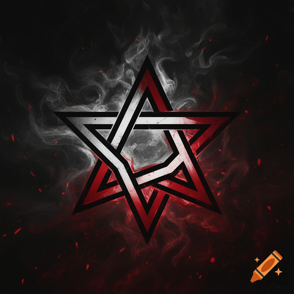 A complex, intertwined six-pointed star with red and white segments on a smoky black background with red embers.