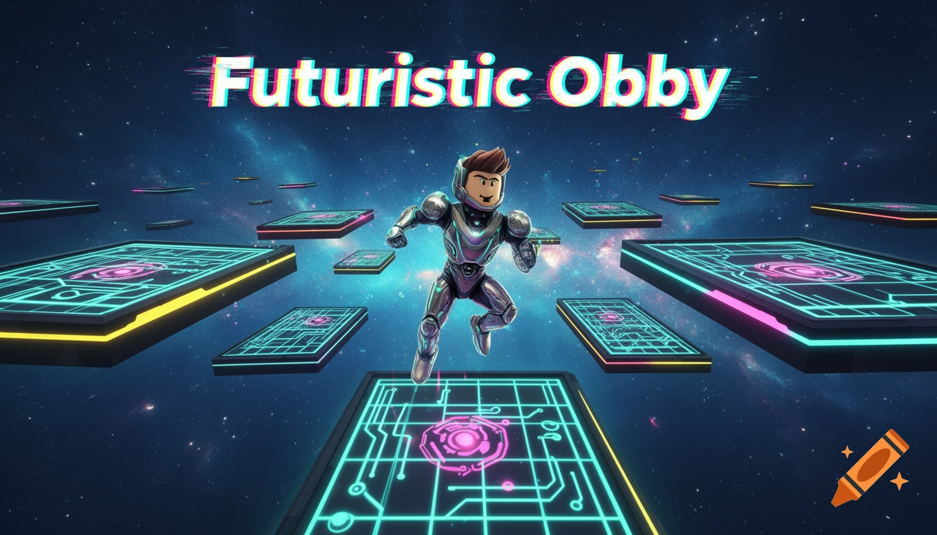 Roblox character in futuristic armor jumping between glowing platforms in a space-themed obby game, with 'Futuristic Obby' text.