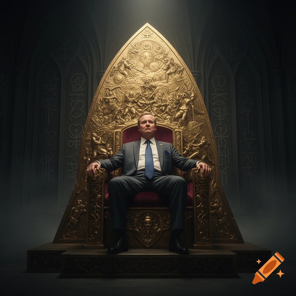 A man in a suit sits regally on a highly ornate golden throne with intricate carvings, set in a dark, grand hall.