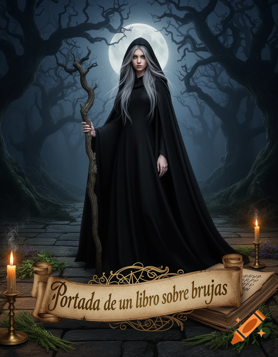 A witch in a black hooded cloak stands in a dark forest under a full moon, holding a staff. A banner says 'Portada de un libro sobre brujas'.