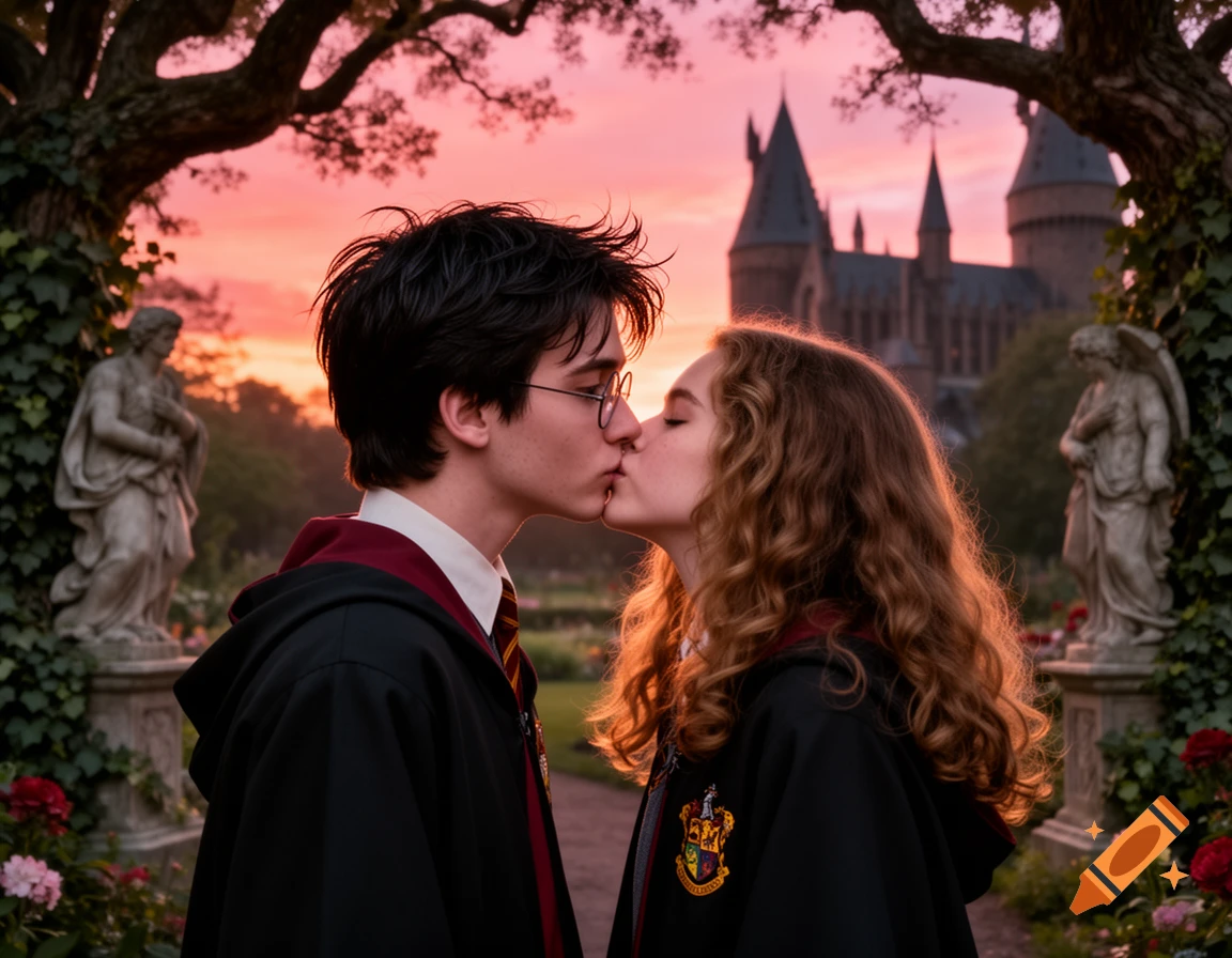 Photorealistic image of a young man and woman in wizard robes kissing at sunset, with a castle in the background.