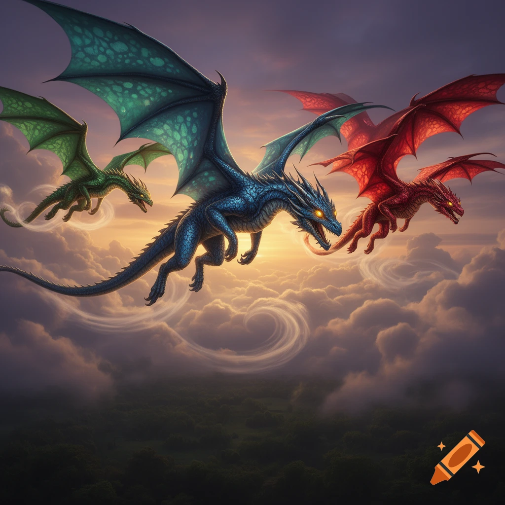 Three detailed dragons, green, blue, and red, fly majestically above a cloudy landscape during a sunset.