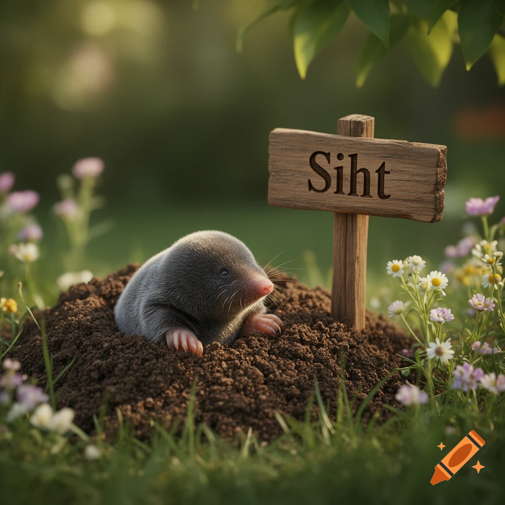 A cute mole peeking out of its molehill next to a wooden sign that reads 'Siht' amidst grass and wildflowers, photorealistic.