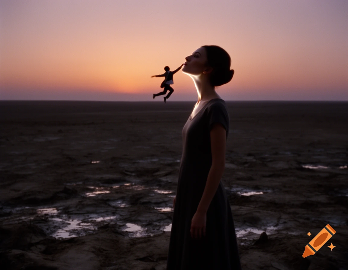 A giant woman in a dress stands in a desolate landscape as a tiny man jumps towards her mouth, silhouetted against a sunset.