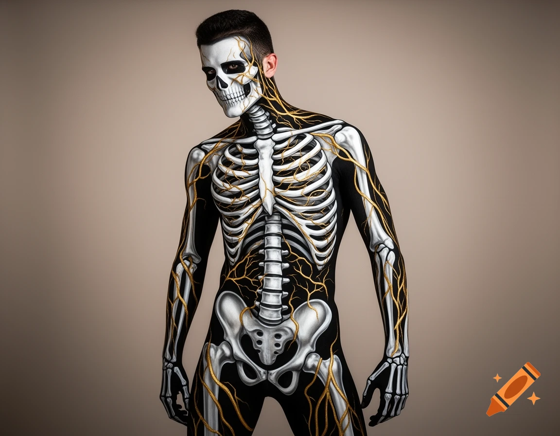 Man with intricate black, white, and gold skeleton and nervous system body paint against a neutral background.