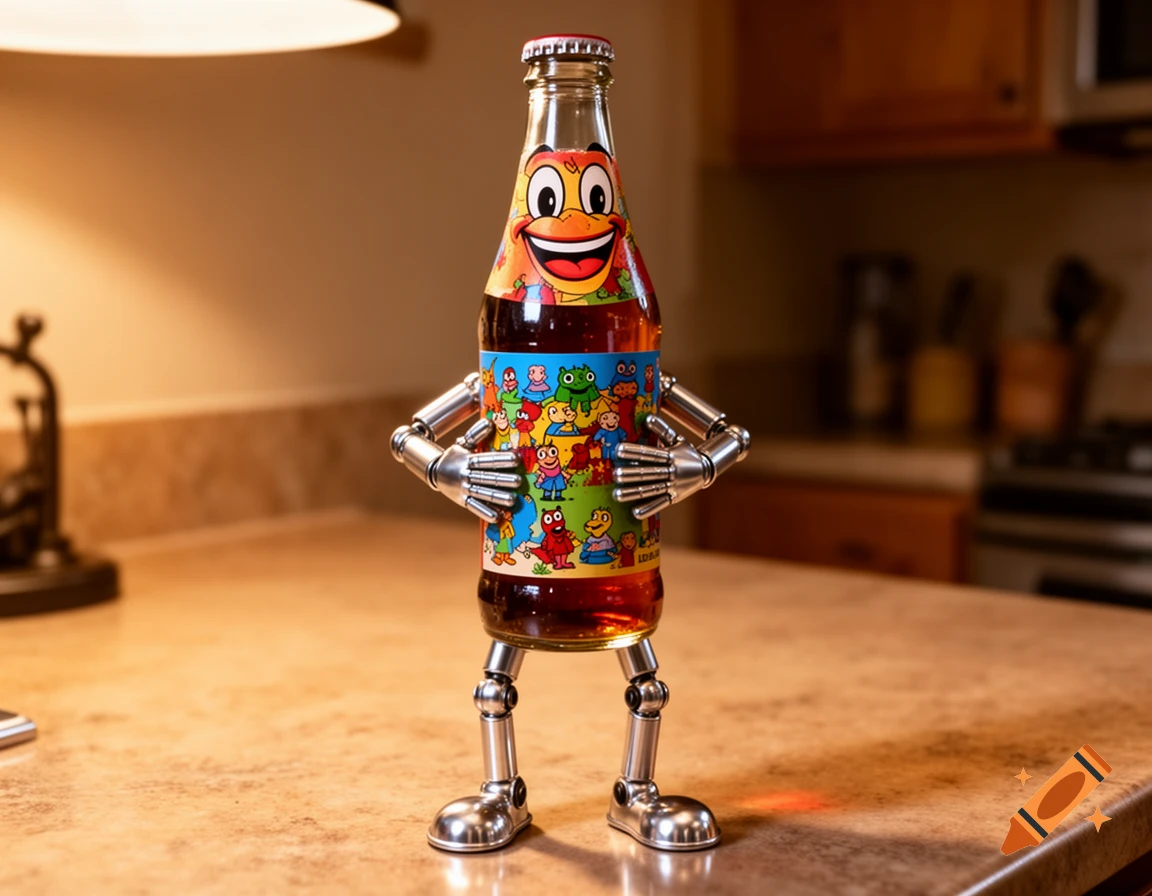 Photorealistic soda bottle with a cartoon face label, robot arms, and legs standing on a kitchen counter.